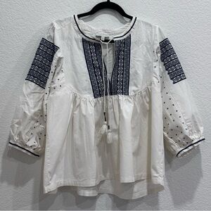 Lucky Brand Embroidered Peasant Top Tie Front Casual New Blouse Cotton Ivory L